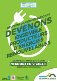 Devenons ensemble producteurs d’énergies renouvelables ! Réunion de concertation ouverte à tous. Le vendredi 3 mars 2017 à Vernoux en Vivarais. Ardeche.  20H00